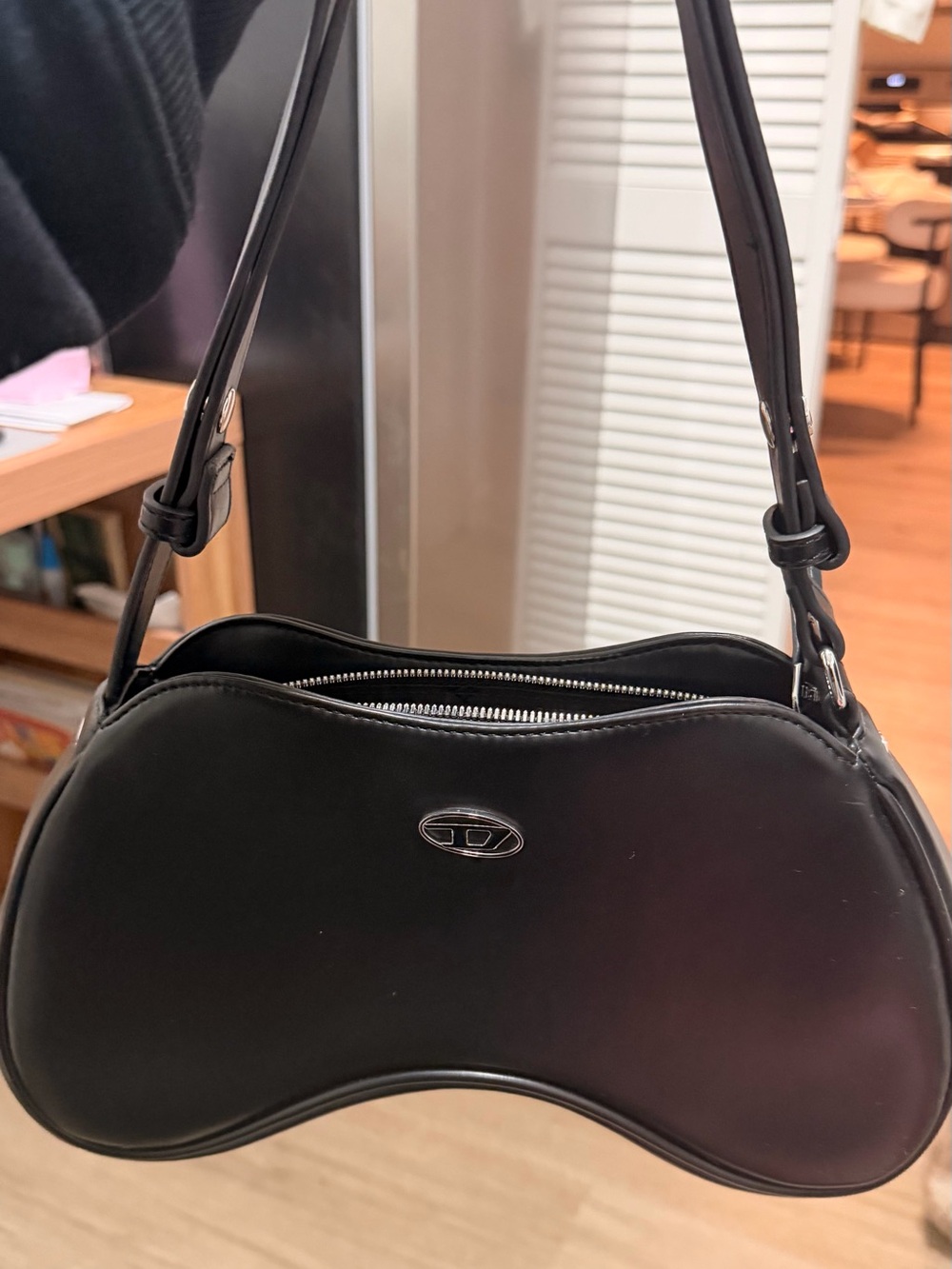 Diesel Black Curved Shoulder Bag with Silver Logo